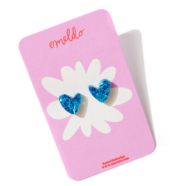 Emeldo Heart Studs Blue Glitter