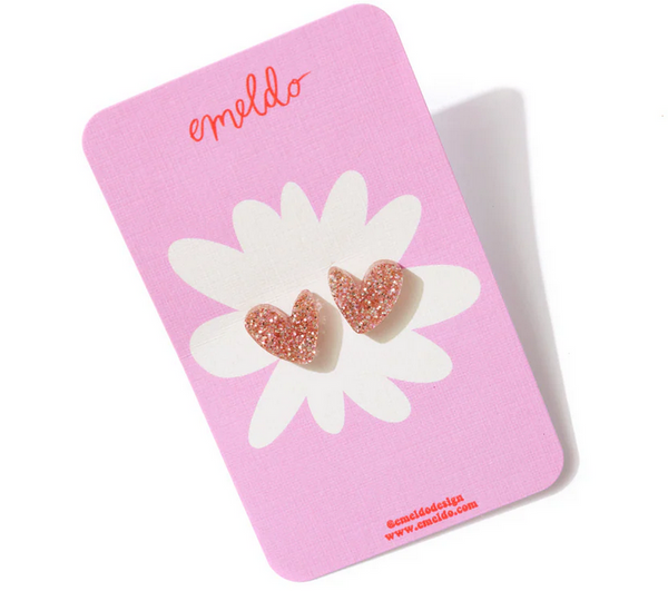 Emeldo Heart Studs Pink Glitter